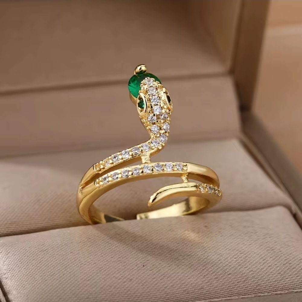 Gold Tone Snake Ring with Emerald Green Gem - Picture 3 of 8